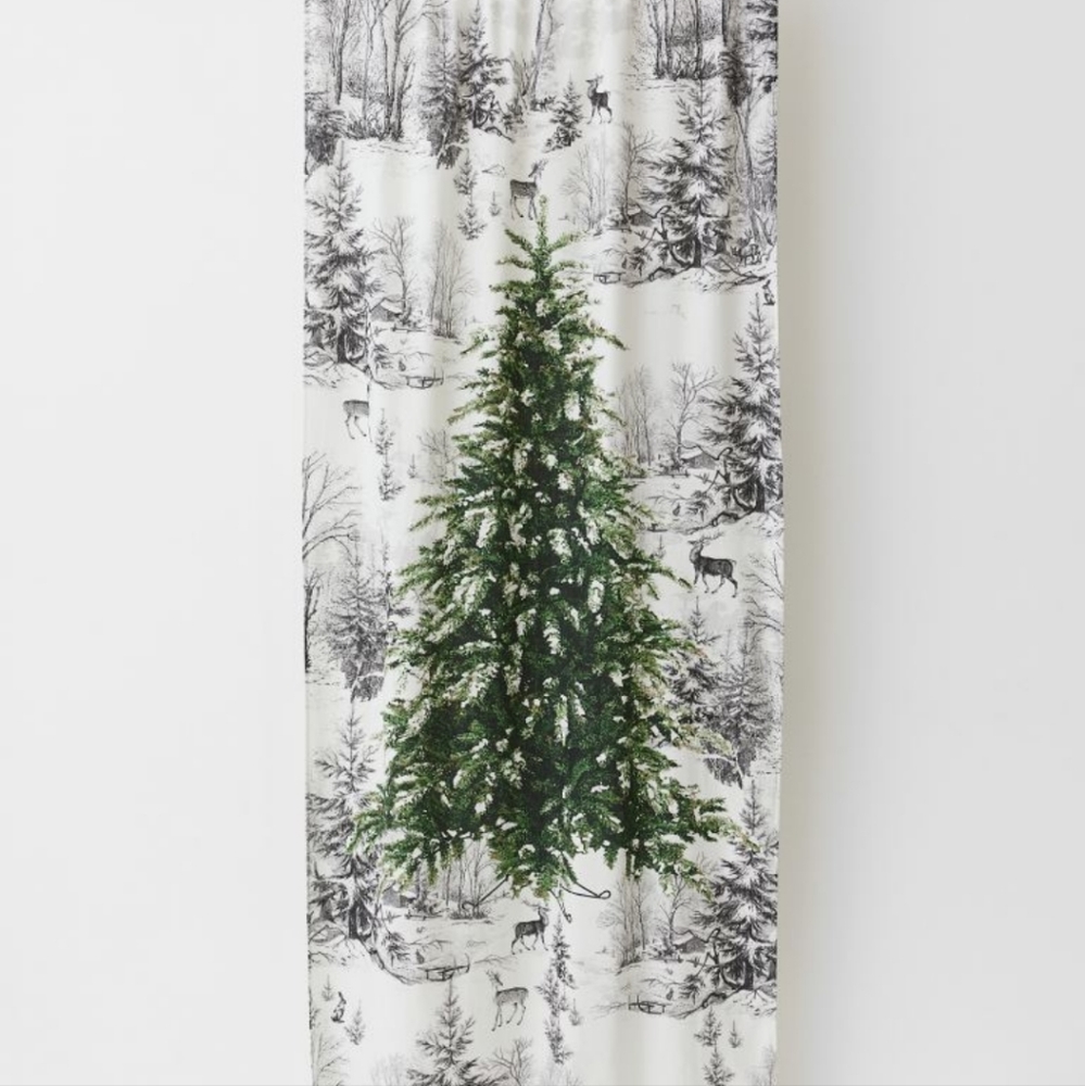 H&M Christmas Tree Printed Canvas Curtain Panel NEW